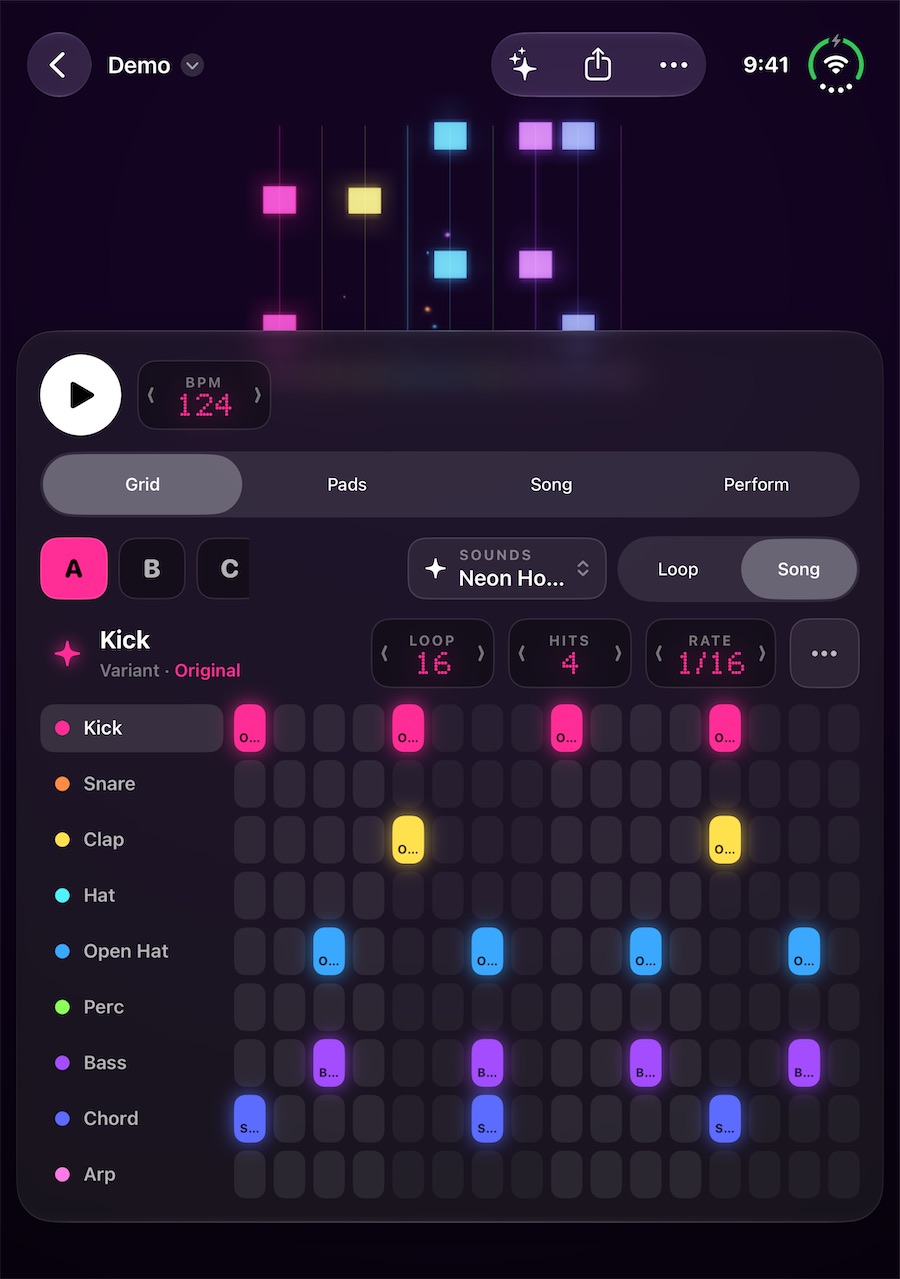 PolychromBox auf dem flach aufgeklappten iPhone Duo: das ganze Raster mit neun Sounds unter dem Licht