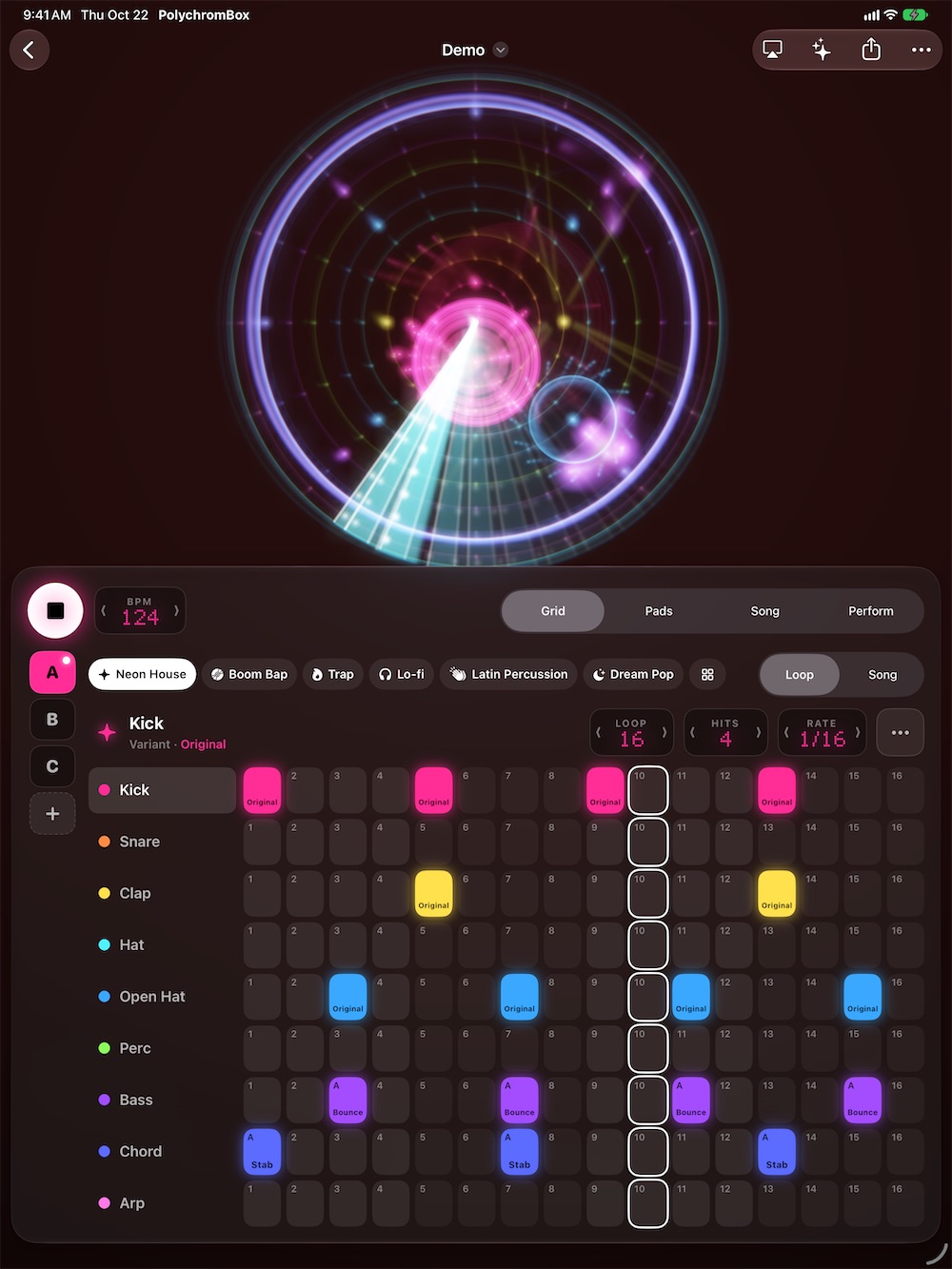 PolychromBox auf dem iPad: das ganze Raster mit neun Sounds unter dem Licht