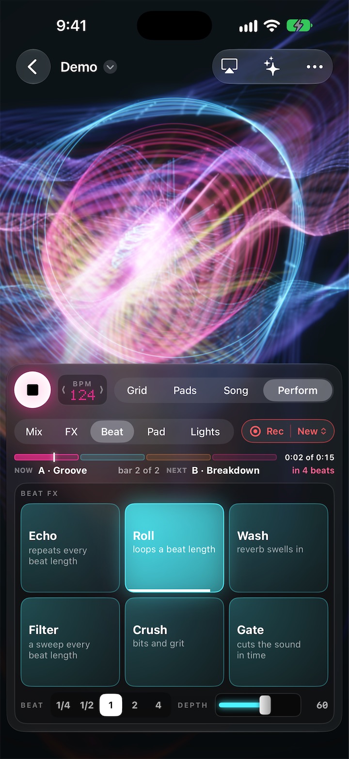 Die Beat-Effekte in Live: Echo, Roll, Wash, Filter, Crush und Gate, Roll eingeschaltet, mit ihrer Länge und Tiefe