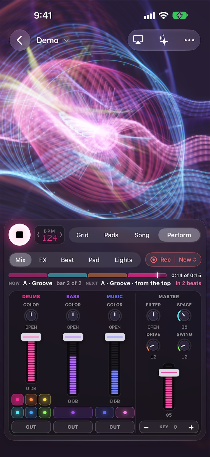 Perform's mixer: three channels with color knobs, faders and Cut, and the master's knobs