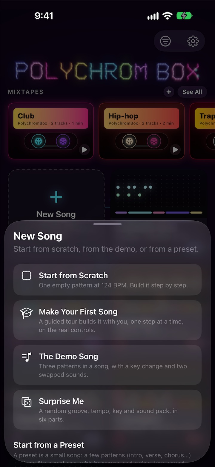 New Song: start from scratch, take the tour, open the demo, Surprise Me, or pick a preset