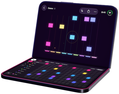 PolychromBox auf dem iPhone Duo, halb aufgeklappt wie ein Laptop: das Licht oben im Deckel, die Bedienelemente unten