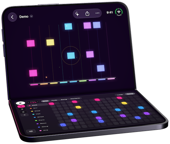 PolychromBox auf dem iPhone Duo, halb aufgeklappt wie ein Laptop: oben das Licht, unten das Raster